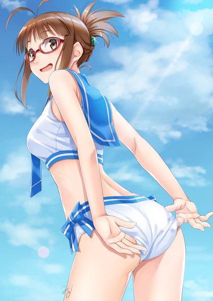 Anime picture 827x1169 with idolmaster akizuki ritsuko miri (ago550421) single tall image blush open mouth light erotic brown hair brown eyes signed payot sky cloud (clouds) ahoge ass looking back sailor collar adjusting swimsuit sailor swimsuit (idolmaster)