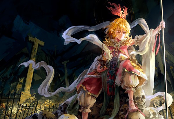 Anime picture 1440x984 with touhou toramaru shou archlich single fringe short hair blonde hair red eyes sitting holding looking away outdoors barefoot arm up sunlight bone (bones) girl hair ornament ribbon (ribbons) detached sleeves