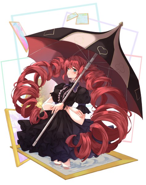 Anime picture 4000x5067 with original chicken (dalg-idalg) single tall image fringe highres hair between eyes twintails green eyes looking away absurdres very long hair puffy sleeves partially submerged drill hair girl dress water black dress umbrella