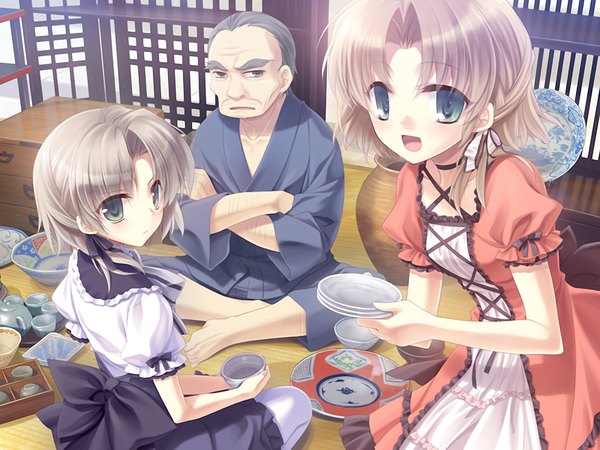 Anime picture 1024x768 with nadeshiko drip tagme (character) kozakura hina kozakura kurumi looking at viewer short hair open mouth brown hair sitting multiple girls holding green eyes game cg full body indoors traditional clothes :d japanese clothes looking back barefoot