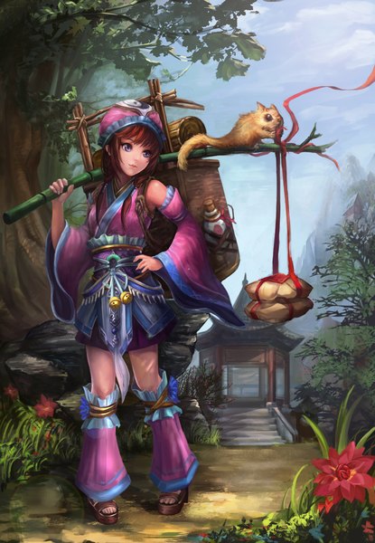 Anime picture 1600x2312 with original cj man tall image short hair brown hair purple eyes sky cloud (clouds) hand on hip girl flower (flowers) plant (plants) hat detached sleeves animal tree (trees)