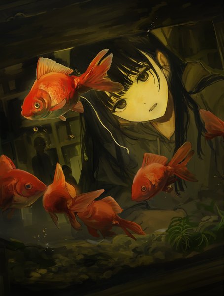 Anime picture 1551x2048 with original funabashi (iwzry) single long hair tall image fringe open mouth black hair indoors blunt bangs head tilt grey eyes leaning dutch angle girl animal water fish (fishes) goldfish aquarium