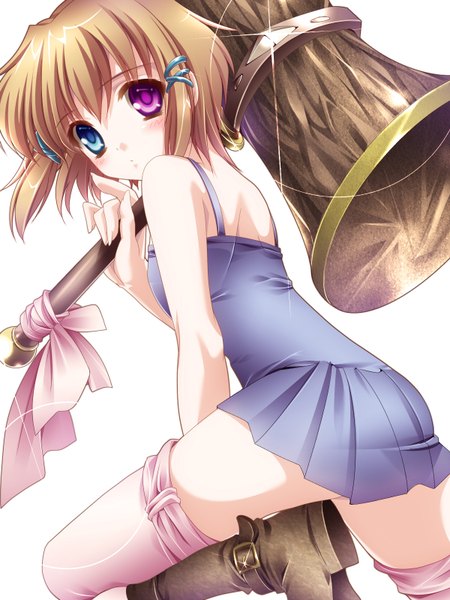 Anime picture 1200x1600 with original moneti (daifuku) single tall image looking at viewer blush short hair light erotic simple background blonde hair white background looking back heterochromia girl thighhighs weapon sundress hammer
