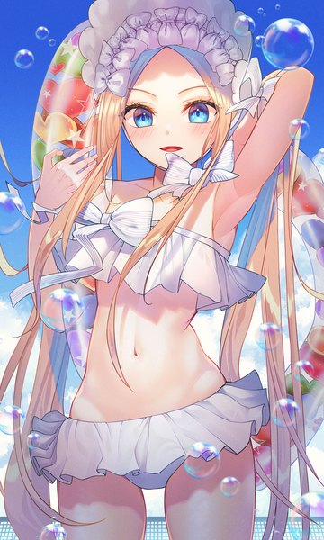 Anime-Bild 1500x2500 mit fate (series) fate/grand order abigail williams (fate) abigail williams (swimsuit foreigner) (fate) liso single long hair tall image looking at viewer blush fringe open mouth blue eyes light erotic blonde hair smile standing twintails holding sky