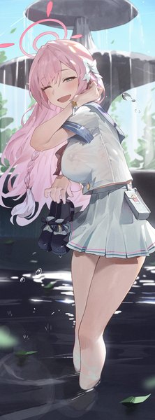 Anime picture 1500x4061 with blue archive hanako (blue archive) kji (rozo) single long hair tall image looking at viewer blush fringe breasts open mouth light erotic smile hair between eyes large breasts standing holding green eyes pink hair sky