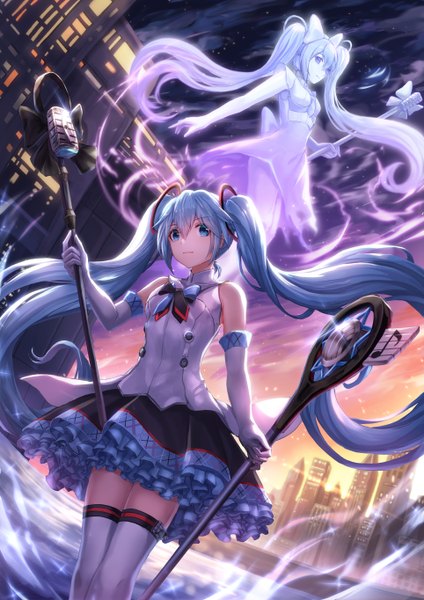 Anime picture 964x1364 with vocaloid magical mirai (vocaloid) hatsune miku magical mirai miku magical mirai miku (2016) magical mirai miku (2017) lunacle tall image fringe blue eyes hair between eyes standing twintails multiple girls holding looking away sky cloud (clouds) outdoors very long hair