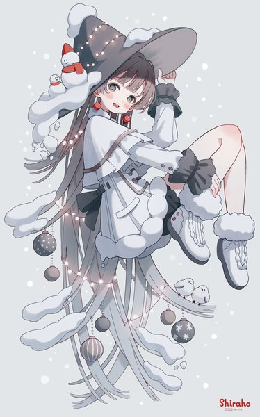 Anime picture 2204x3540 with original shiraho (color-56) single tall image looking at viewer blush highres open mouth black hair full body very long hair :d black eyes snow adjusting hat girl hat earrings animal bird (birds)