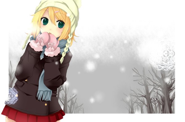 Anime picture 2993x1983 with vocaloid kagamine rin single highres short hair blonde hair green eyes snowing winter girl plant (plants) hat tree (trees) scarf coat winter clothes mittens