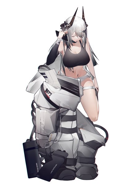 Anime picture 2480x3489 with arknights mudrock (arknights) yushi quetzalli single long hair tall image blush fringe highres breasts open mouth light erotic simple background large breasts standing white background bare shoulders holding cleavage silver hair
