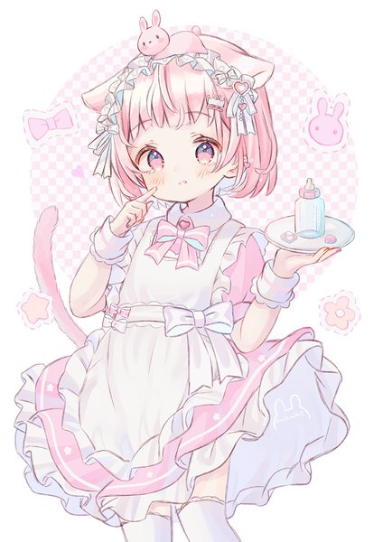Anime picture 1000x1415 with original fruitsrabbit single tall image looking at viewer blush fringe short hair open mouth simple background standing animal ears pink hair tail animal tail pink eyes cat ears arms up maid cat girl