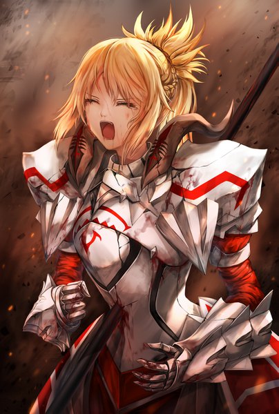 Anime picture 1053x1563 with fate (series) fate/grand order mordred (fate) lunacle single long hair tall image fringe open mouth blonde hair ponytail braid (braids) eyes closed long sleeves tears blood on face bloody clothes injury screaming bloody weapon