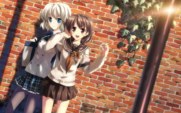 Anime picture 3840x2400 with original yuuki tatsuya long hair looking at viewer highres short hair blue eyes smile brown hair wide image multiple girls brown eyes absurdres white hair braid (braids) girl skirt bow 2 girls plant (plants)