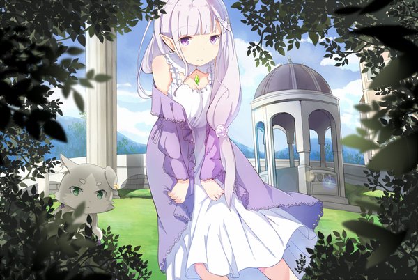 Anime picture 1000x670 with re:zero kara hajimeru isekai seikatsu white fox emilia (re:zero) mitu yang single long hair looking at viewer blush smile purple eyes bare shoulders green eyes sky silver hair cloud (clouds) long sleeves pointy ears sunlight open clothes leaning