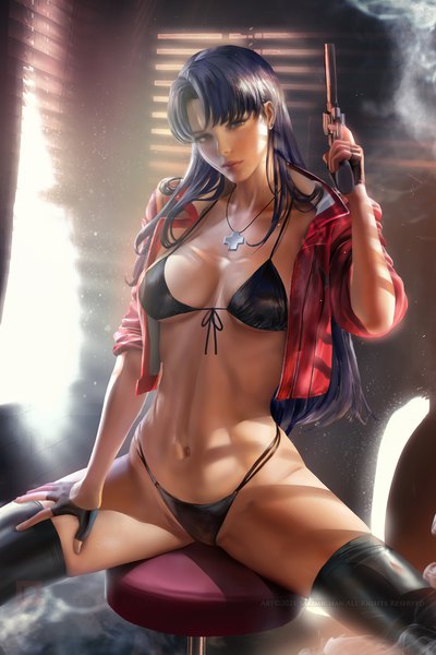 Anime picture 2331x3497 with neon genesis evangelion gainax katsuragi misato sakimichan single long hair tall image looking at viewer fringe highres breasts light erotic black hair large breasts sitting holding black eyes realistic off shoulder open jacket