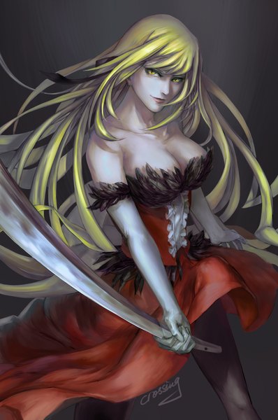 Anime picture 1328x2000 with kizumonogatari shaft (studio) monogatari (series) kissshot acerolaorion heartunderblade crossing (artist) single long hair tall image looking at viewer blonde hair yellow eyes cleavage light smile girl dress gloves weapon sword elbow gloves white gloves