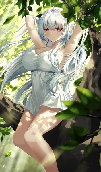 Anime picture 1369x2332 with original lin (user uzmw2535) single long hair tall image looking at viewer blush fringe breasts light erotic red eyes large breasts sitting cleavage silver hair bent knee (knees) outdoors wind sunlight blurry