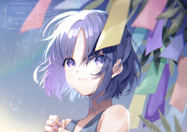 Anime-Bild 1000x707 mit original hoshino ruru single looking at viewer short hair purple eyes purple hair upper body nail polish rain purple nail polish tanabata girl