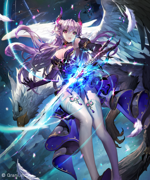 Anime picture 1000x1200 with original tob single long hair tall image breasts light erotic purple eyes purple hair horn (horns) pointy ears girl thighhighs gloves weapon animal white thighhighs sword black gloves elbow gloves