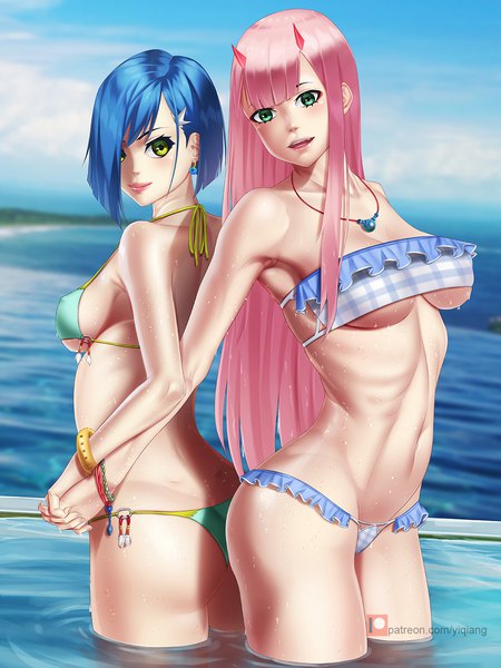 Anime picture 1068x1424 with darling in the franxx studio trigger zero two (darling in the franxx) ichigo (darling in the franxx) yi qiang long hair tall image looking at viewer fringe short hair breasts open mouth light erotic large breasts standing multiple girls green eyes blue hair pink hair sky