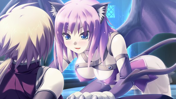 Anime picture 1024x576 with kamidori alchemy meister short hair blue eyes light erotic wide image pink hair game cg cat girl girl wings