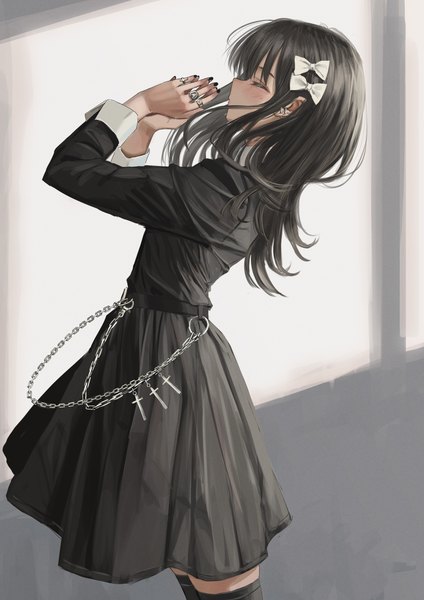Anime picture 2784x3938 with original nadegata single long hair tall image fringe highres black hair white background eyes closed long sleeves nail polish profile shadow piercing ear piercing arched back interlocked fingers praying girl