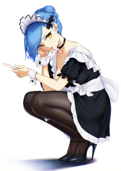 Anime picture 1000x1415 with original blueorca single tall image looking at viewer fringe short hair breasts simple background white background holding yellow eyes blue hair full body bent knee (knees) parted lips mole shadow short sleeves maid