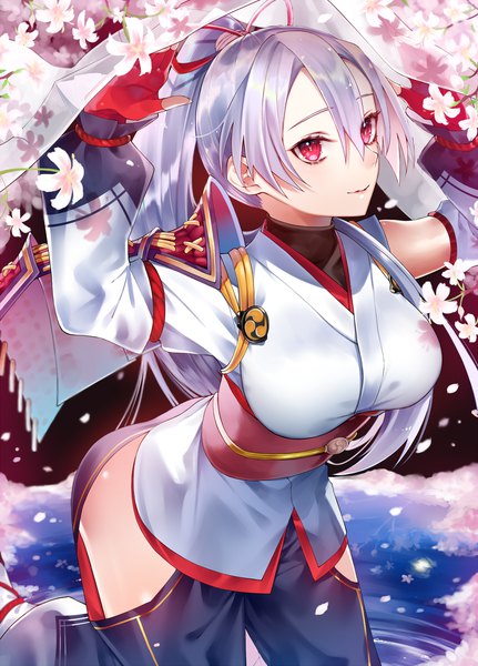 Anime picture 1293x1800 with fate (series) fate/grand order tomoe gozen (fate) ichinose rei single long hair tall image fringe breasts light erotic hair between eyes red eyes large breasts looking away silver hair ponytail arms up leaning leaning forward kneeling
