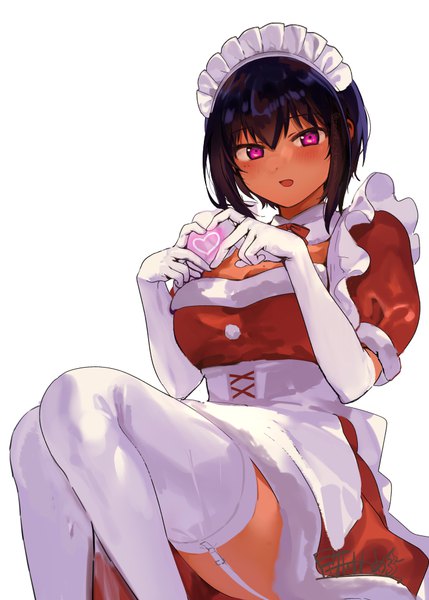 Anime picture 724x1012 with saikin yatotta maid ga ayashii lilith (saikin yatotta maid ga ayashii) konbu wakame single tall image looking at viewer blush fringe short hair open mouth black hair simple background hair between eyes white background purple eyes :d mole maid mole under eye christmas