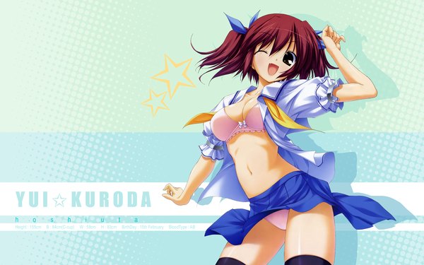 Anime picture 1920x1200 with hoshiuta kuroda yui fumio (ura fmo) highres light erotic wide image open clothes open shirt thighhighs underwear panties serafuku