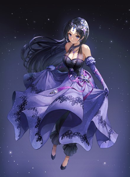 Anime picture 1126x1537 with original lunacle single long hair tall image looking at viewer blush breasts black hair purple eyes bare shoulders holding payot cleavage full body light smile wind shiny clothes midair girl