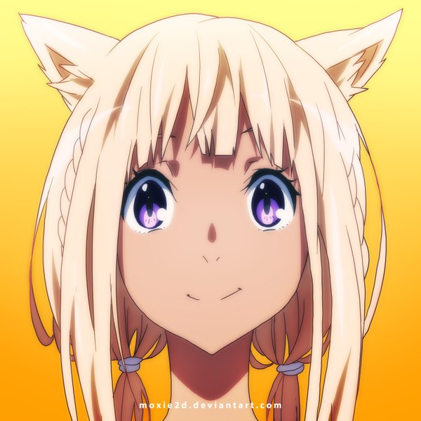 Anime picture 3000x3000 with final fantasy final fantasy xiv square enix miqo'te tom skender single long hair fringe highres blonde hair simple background smile twintails purple eyes animal ears braid (braids) cat ears cat girl twin braids close-up