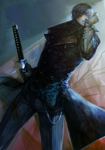 Anime picture 1000x1425 with devil may cry vergil etmisa single tall image fringe short hair open mouth blonde hair standing holding hair over one eye teeth grey eyes mouth hold striped glove biting boy gloves weapon