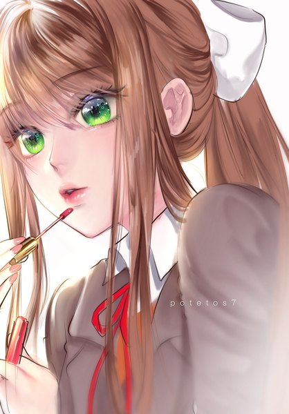 Anime picture 1427x2048 with doki doki literature club monika (doki doki literature club) potetos7 single long hair tall image fringe simple background hair between eyes brown hair white background holding green eyes signed payot looking away upper body ponytail nail polish parted lips