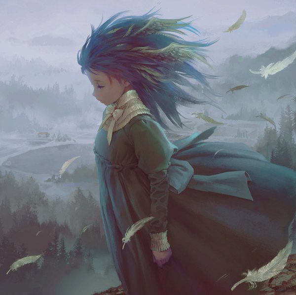 Anime picture 802x800 with original moyamoya single long hair standing eyes closed long sleeves profile green hair wind landscape fantasy scenic head wings fog girl dress bow plant (plants) wings