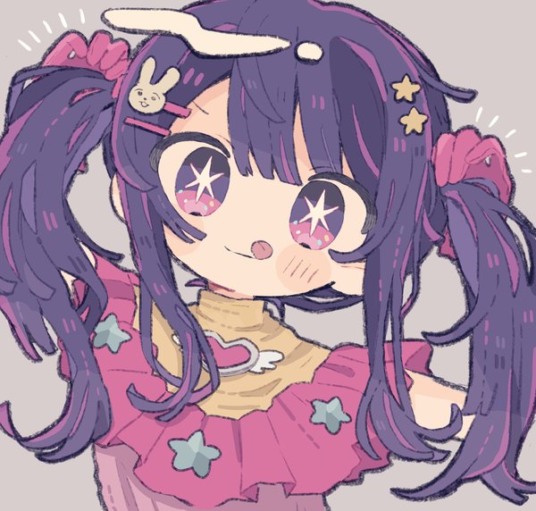 Anime picture 2048x1951 with oshi no ko hoshino ai (oshi no ko) kanato345 single long hair looking at viewer highres simple background purple eyes twintails purple hair upper body grey background symbol-shaped pupils holding hair girl hair ornament star (symbol) bobby pin star hair ornament