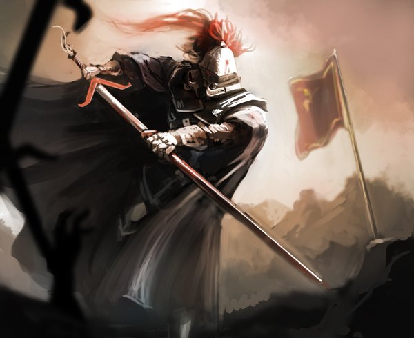 Аниме картинка 1222x1000 с оригинальное изображение la ciero (pixiv) один (одна) ветер оголение кровь на оружии ракурс рыцарь оружие броня кровь накидка ножны шлем рукавицы флаг знамя
