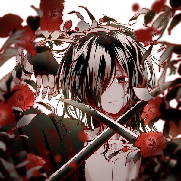 Anime picture 1181x1181 with dororo (tezuka) hyakkimaru (dororo) hikari (sunincense) single long hair looking at viewer fringe black hair simple background white background upper body ponytail arm up black eyes hair over one eye torn clothes blood on face bloody clothes empty eyes boy