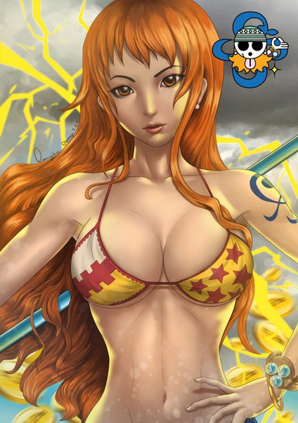 Anime picture 1920x2716 with one piece toei animation nami (one piece) danny tcc single long hair tall image looking at viewer fringe highres breasts light erotic large breasts standing bare shoulders signed sky cleavage cloud (clouds) outdoors