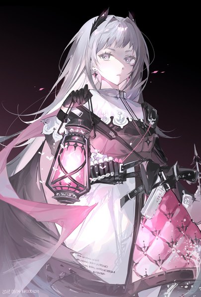Anime picture 1382x2048 with arknights irene (arknights) nao (naooo 1230) single long hair tall image simple background looking away silver hair horn (horns) black background shaded face silver eyes girl gloves earrings black gloves lantern