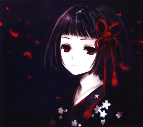 Anime picture 1850x1637 with fuyu no mori (artbook) tearfish single looking at viewer fringe highres short hair red eyes blue hair traditional clothes japanese clothes scan mole mole under eye black background portrait pale skin girl ribbon (ribbons) hair ribbon