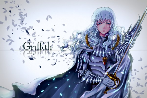 Anime picture 1700x1141 with berserk griffith chaperu (mukuone) single long hair fringe blue eyes silver hair character names looking down wavy hair boy weapon petals sword armor cape
