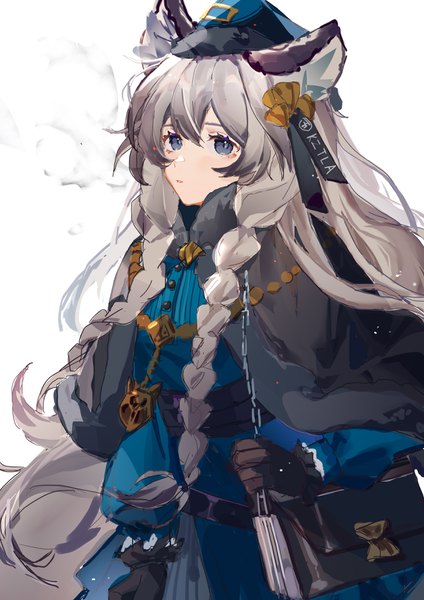 Anime picture 2480x3508 with arknights pramanix (arknights) pramanix (caster's frost) (arknights) 9degree single long hair tall image looking at viewer highres blue eyes simple background white background animal ears braid (braids) grey hair official alternate costume girl gloves hat black gloves