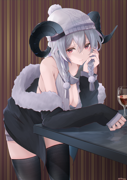 Anime picture 1488x2105 with original fpesu single long hair tall image looking at viewer blush fringe breasts light erotic hair between eyes red eyes large breasts standing signed braid (braids) long sleeves horn (horns) grey hair off shoulder