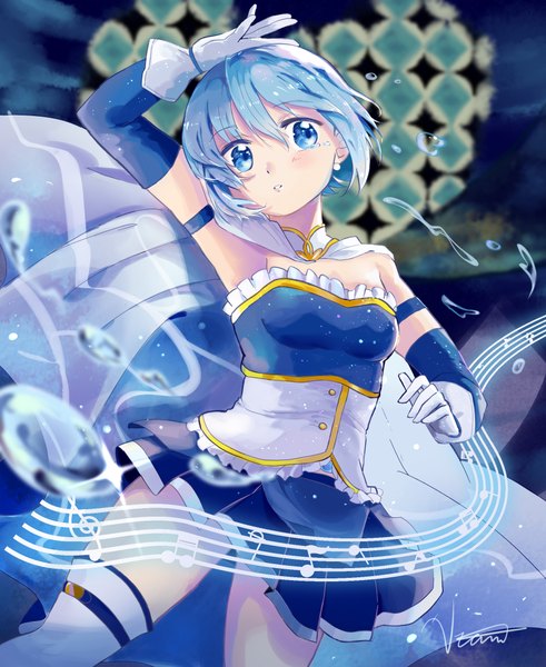 Anime picture 1800x2200 with mahou shoujo madoka magica shaft (studio) miki sayaka hoyee lau 1 single tall image looking at viewer blush fringe highres short hair breasts blue eyes hair between eyes standing signed blue hair parted lips pleated skirt arm up