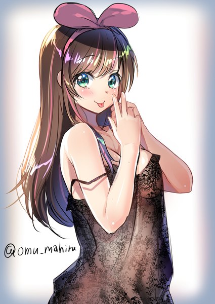 Anime picture 752x1062 with virtual youtuber a.i. channel kizuna ai hanasaki mahiru single long hair tall image looking at viewer blush fringe breasts light erotic simple background brown hair large breasts standing bare shoulders signed payot cleavage