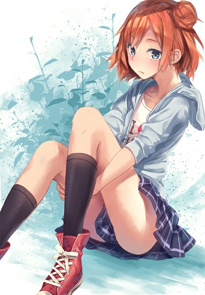 Anime picture 557x800 with yahari ore no seishun love comedy wa machigatteiru. brains base (studio) yuigahama yui yasuno (airy light) single tall image looking at viewer blush short hair blue eyes sitting pleated skirt orange hair hair bun (hair buns) plaid skirt alternate eye color girl skirt plant (plants) miniskirt