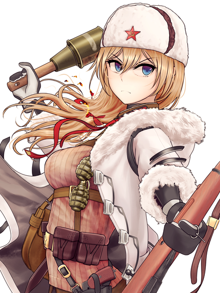 Anime-Bild 1124x1500 mit girls frontline mosin-nagant (girls frontline) turisasu single long hair tall image looking at viewer fringe blue eyes simple background blonde hair hair between eyes standing white background holding upper body long sleeves fur trim outstretched arm frown