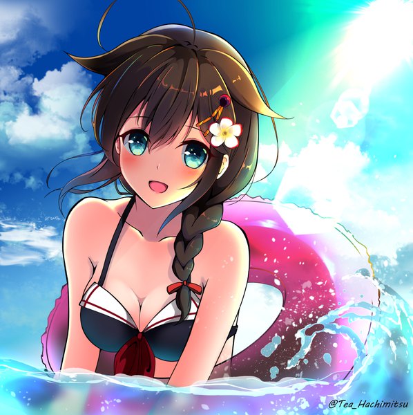 Anime picture 1093x1098 with kantai collection shigure destroyer amagami (makise tsubaki) single long hair tall image looking at viewer blush fringe breasts open mouth blue eyes hair between eyes brown hair signed sky cloud (clouds) ahoge braid (braids) sunlight