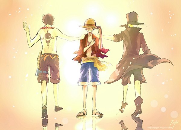Anime picture 1000x721 with one piece toei animation monkey d. luffy portgas d. ace sabo (one piece) pege (artist) short hair black hair simple background blonde hair smile signed from behind tattoo reflection scar boy hat shorts cloak