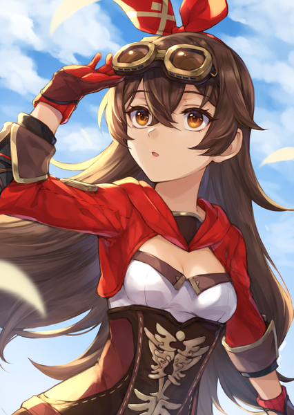 Anime picture 1013x1427 with genshin impact amber (genshin impact) coffee tart single long hair tall image fringe breasts hair between eyes brown hair standing brown eyes payot looking away sky cleavage cloud (clouds) upper body outdoors wind